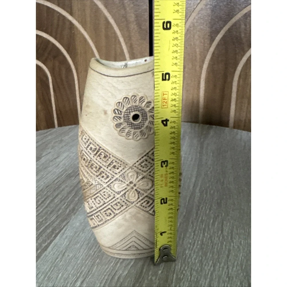 Unique Pottery Hand-Made Etched Clay Vase Floral Scroll MCM Decor 5.25